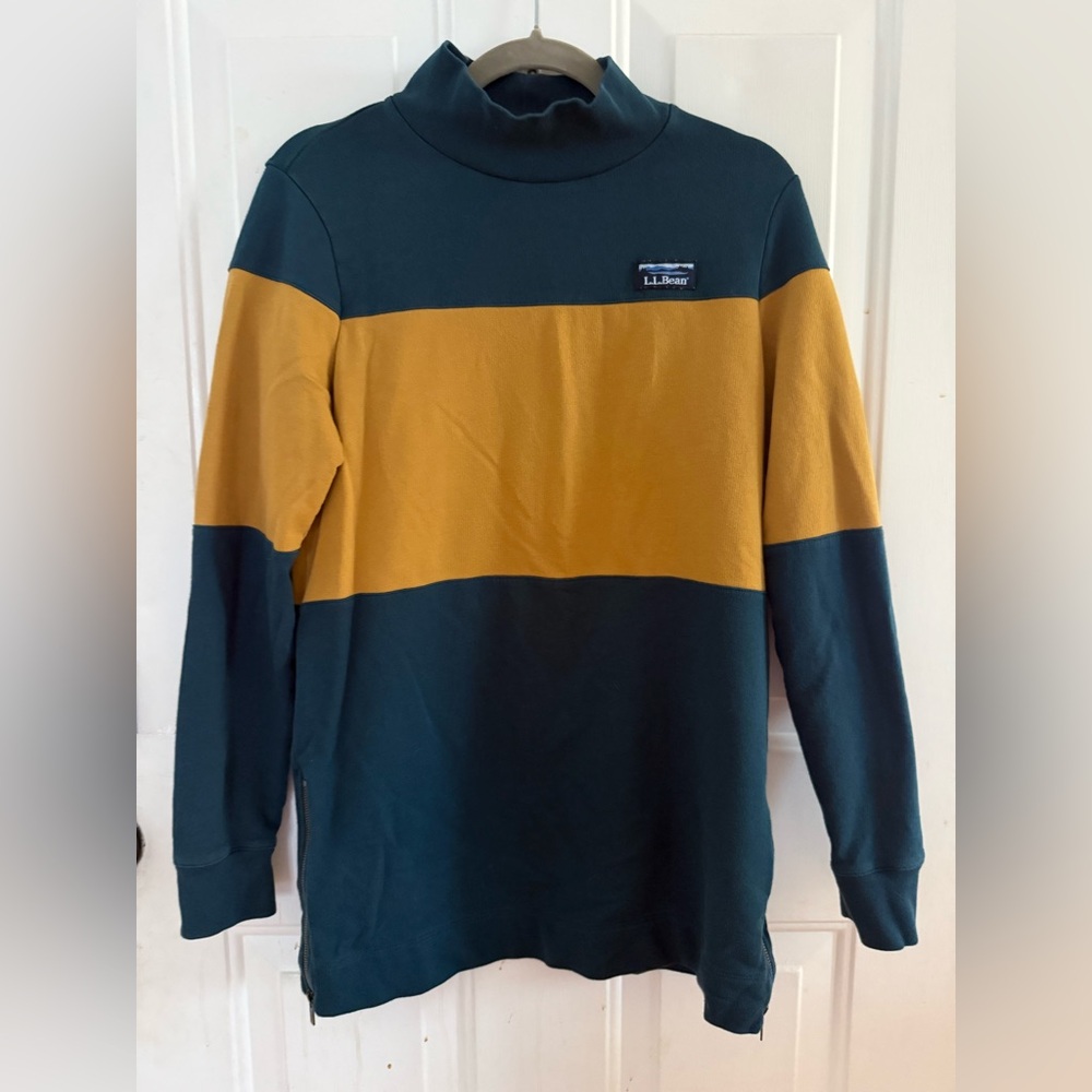 L.L. Bean Men’s Teal and Mustard Stripe Shrink Mock Turtleneck